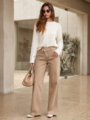 Pantalón Jeans Wide Leg Beige con Cintura Cruzada Asimétrica para Mujer