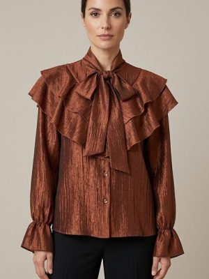 Blusa Metalizada Moda Mujer con Lazada y Volantes