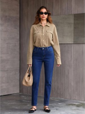Pantalón Jean Slim Fit de Tiro Alto para Mujer Azul Medio Clásico
