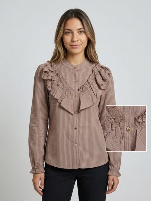 Blusa Camisera a Rayas con Volantes en Pecho y Cuello Mao