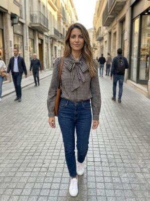 Blusa Cuadros Vichy con Lazada al Cuello y Manga Larga