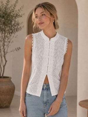 Blusa de Encaje Sin Mangas con Cuello Mao Estilo Oriental