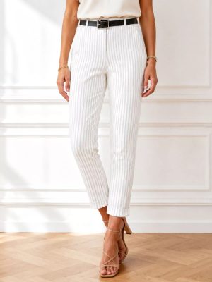 Pantalón Cropped de Mujer con Rayas Verticales y Cinturón Negro